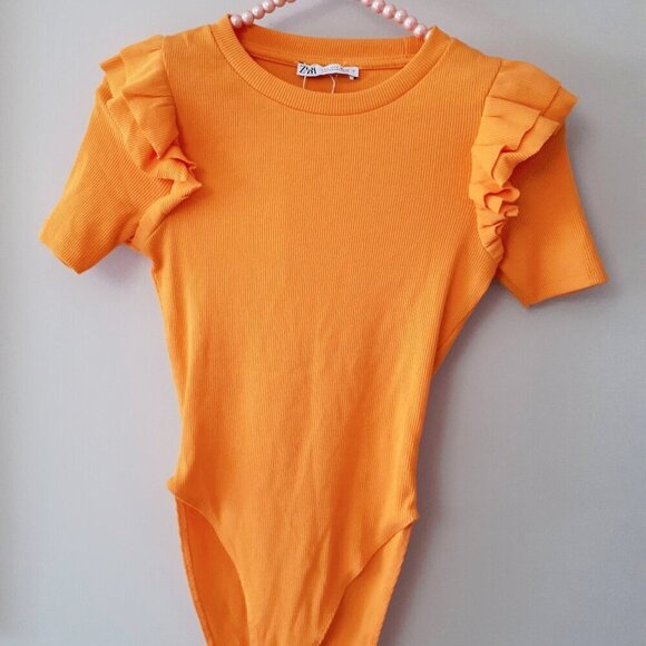 NWT Zara orange ruffle shoulder rib bodysuit, S - Picture 13 of 13